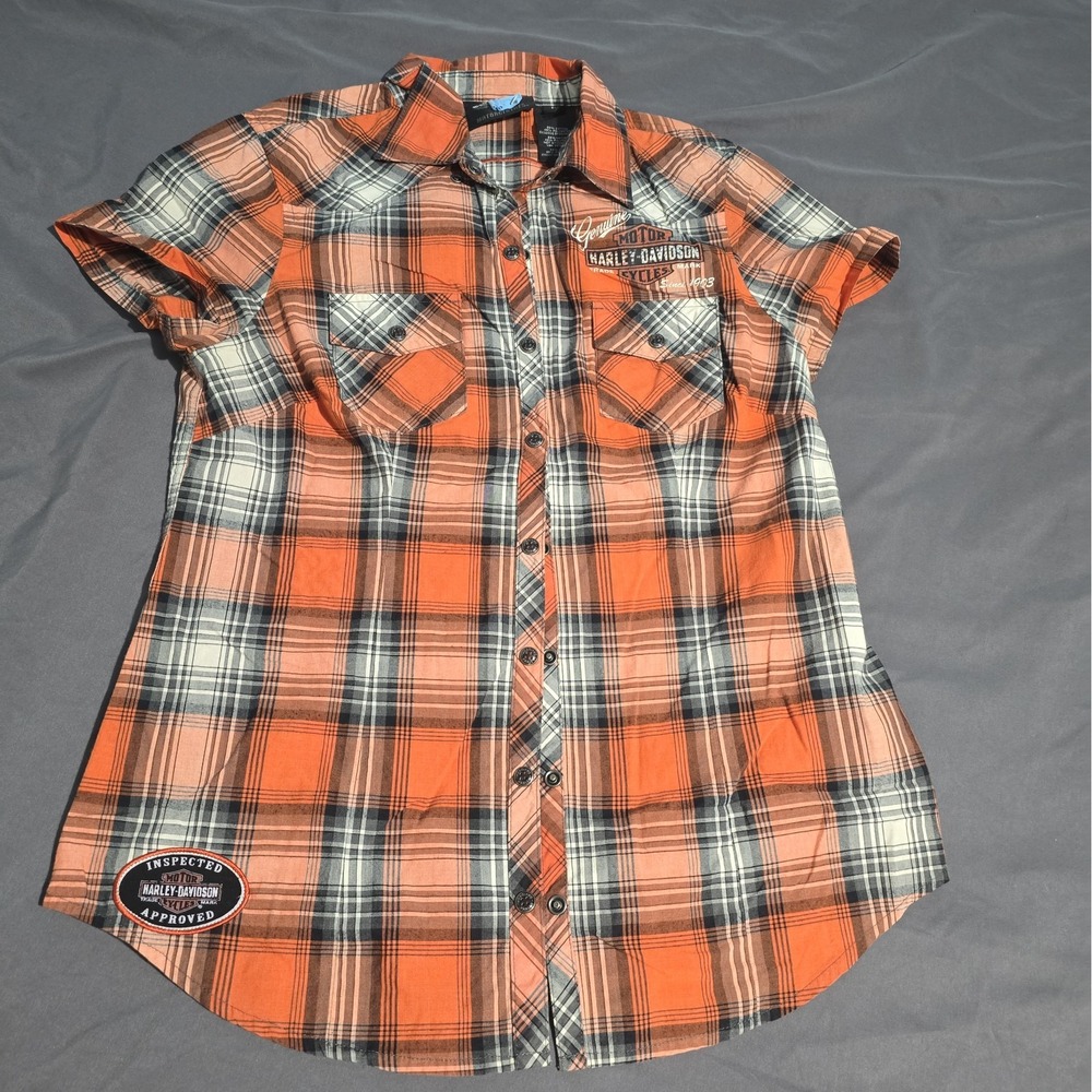 Harley Davidson Button Up Snaps Womens MED Orange Black Short Sleeve Rhinestone